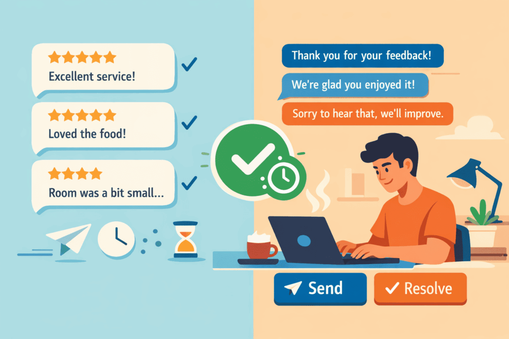 An illustration of a customer support agent responding to 5-star and 4-star reviews using a "Send" and "Resolve" interface.