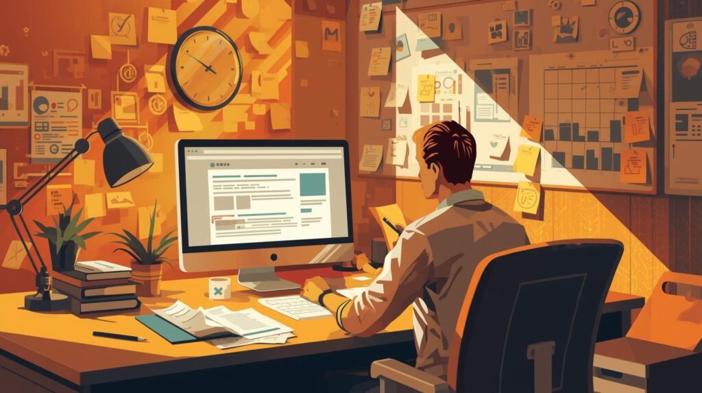 An illustration of a man working at a computer in a cozy, warm-toned office filled with sticky notes and a large wall clock.