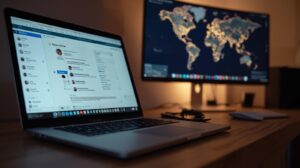 Laptop and monitor displaying global map for geo-specific ai brand monitoring analysis in home office setup