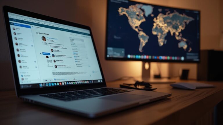 Laptop and monitor displaying global map for geo-specific ai brand monitoring analysis in home office setup