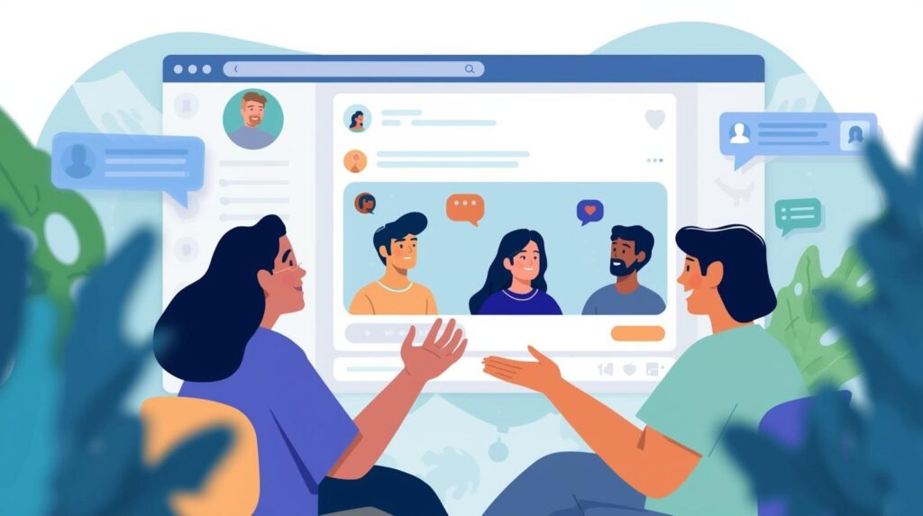 A 3D-style illustration of a smiling man with glasses using a laptop, surrounded by floating social media icons including a Facebook logo, thumbs up, heart, and question mark.