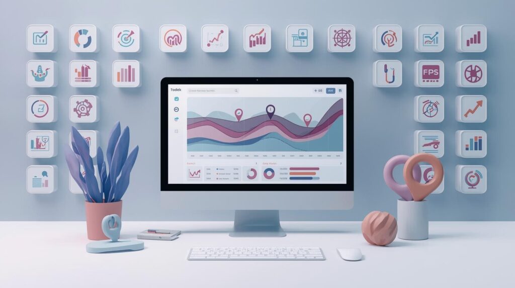 "Desktop analytics dashboard showing data visualization with colorful charts and graphs"