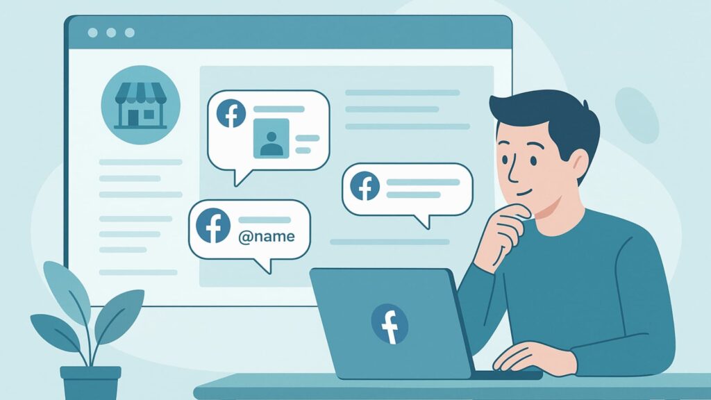 An illustration showing facebook brand mention alerts appearing as notifications and tagged posts.