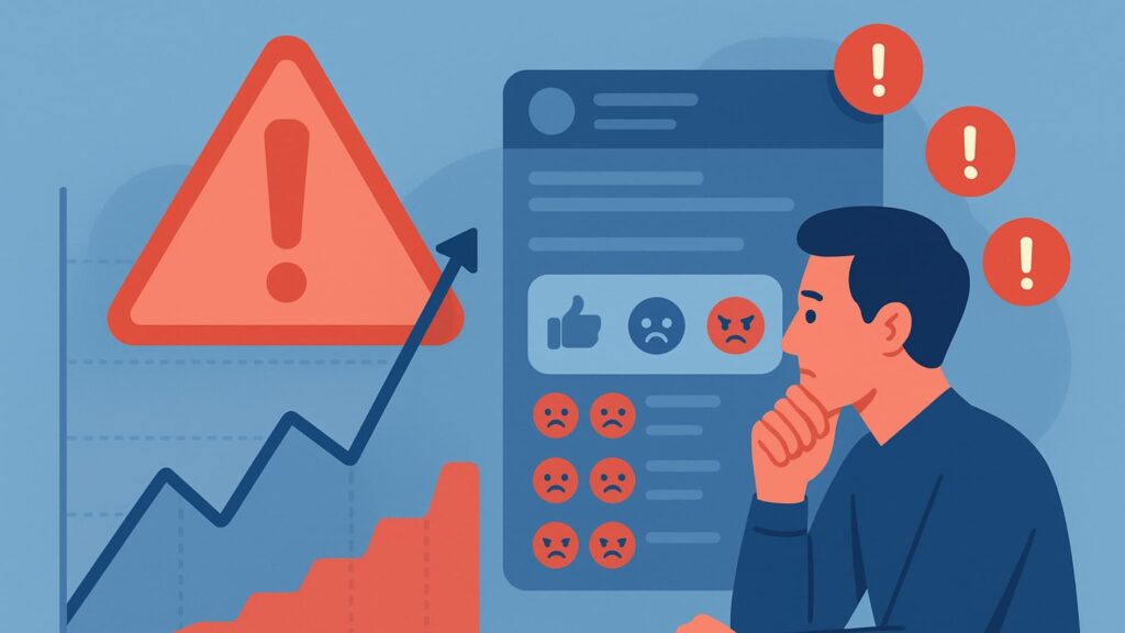 Illustration of crisis communication via Facebook showing rising alerts and impact.