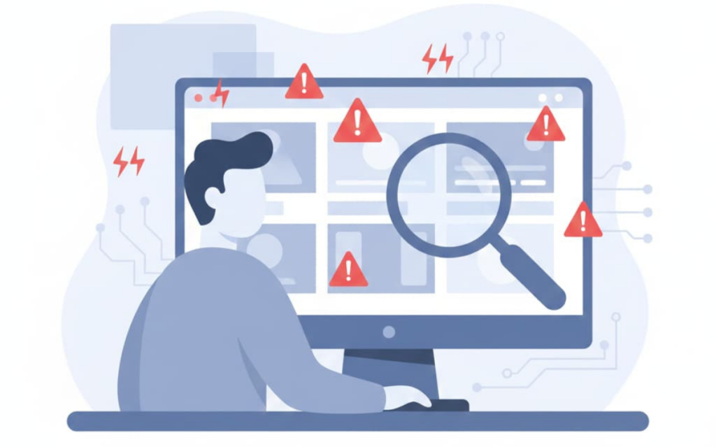 A digital illustration of a person sitting at a desk, inspecting a computer screen filled with warning alerts and icons of danger signals.