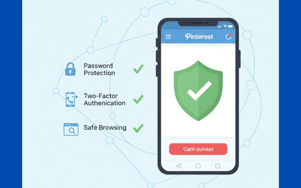 A smartphone graphic displaying the Pinterest interface with a green shield icon symbolizing security features like password protection and safe browsing.