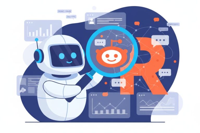 Vibrant vector illustration showcases the use of AI and analytics to monitor discussions on the Reddit platform, highlighted by a friendly robot and data visualization elements.