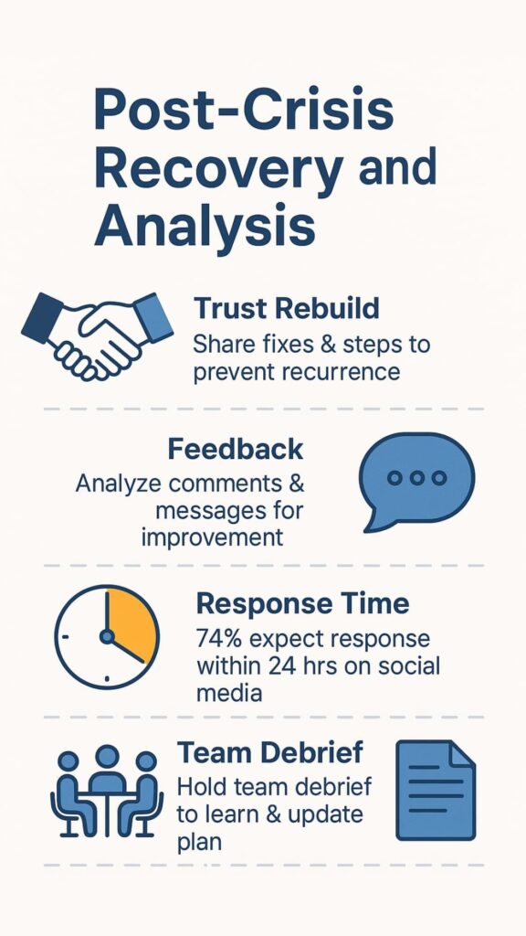 Infographic for crisis communication via Facebook showing icons for trust rebuild, feedback, response time, debrief, and plan updates.