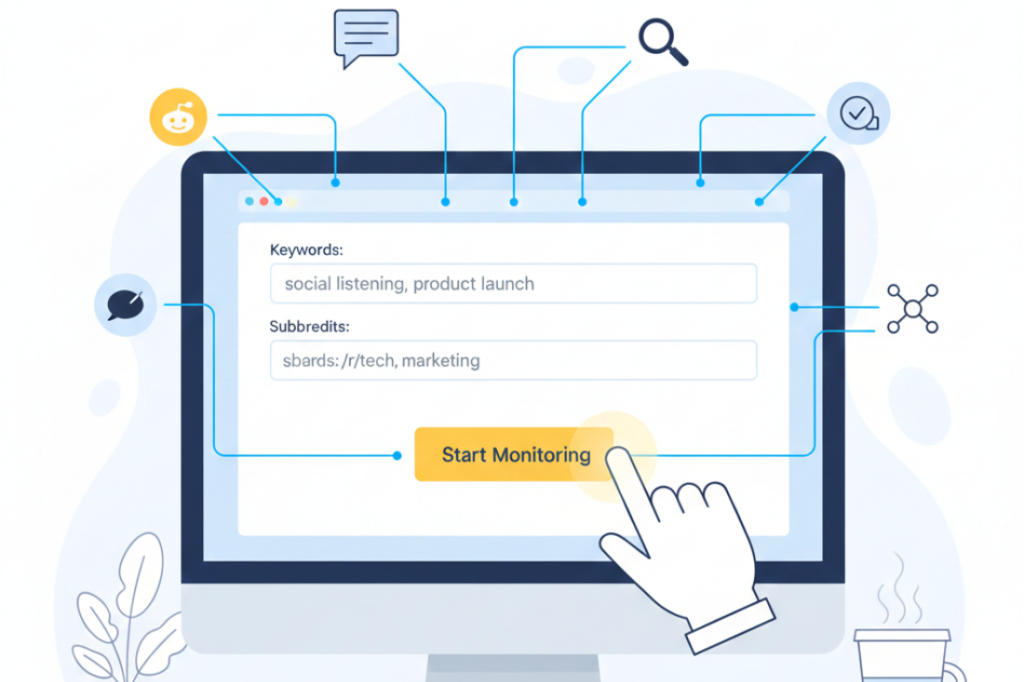 Vibrant vector graphic depicts a digital monitoring tool for tracking brand-related keywords and discussions on relevant Reddit communities.