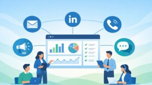 Illustration showing a cross-channel outreach strategy connecting email, social media, ads, and sales teams in one system