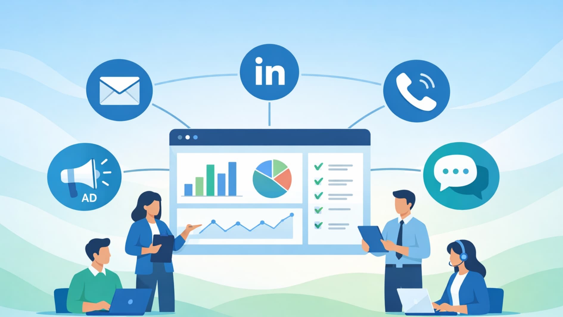 Illustration showing a cross-channel outreach strategy connecting email, social media, ads, and sales teams in one system