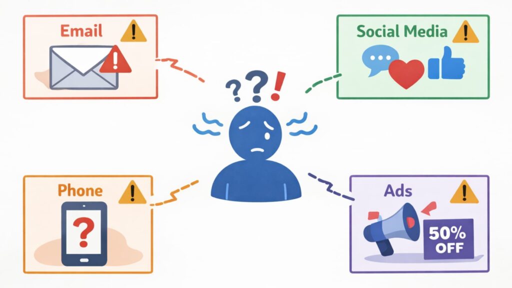 cross-channel outreach strategy 2 Illustration showing disconnected channels highlighting why siloed marketing hurts a cross-channel outreach strategy