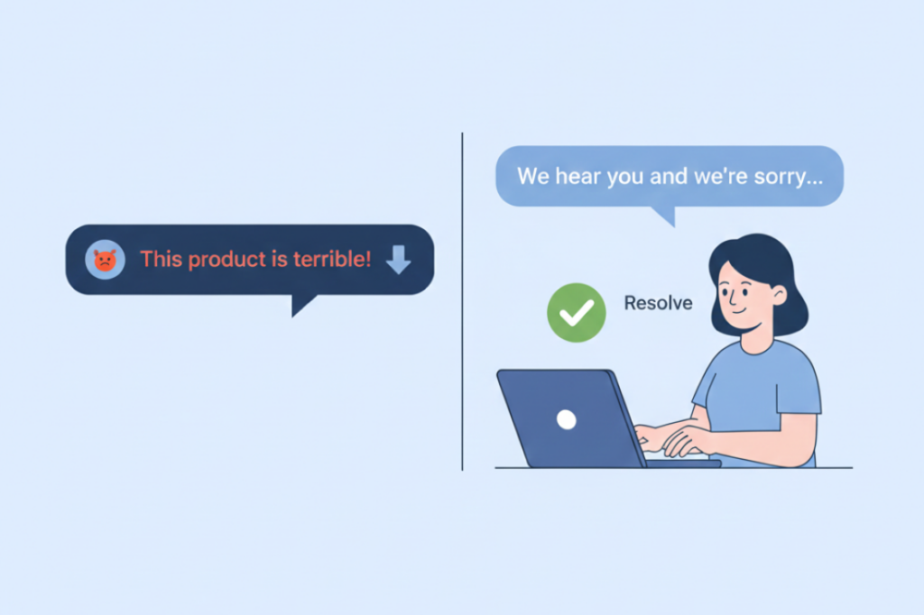 Stylized illustration highlights the process of resolving customer feedback, emphasizing a thoughtful, empathetic approach to online brand mentions.