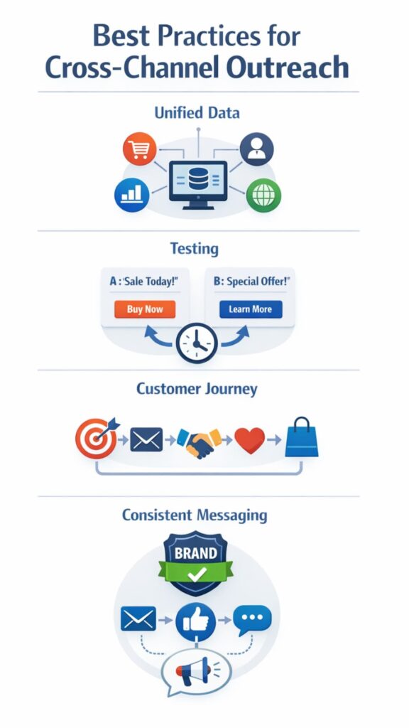 cross-channel outreach strategy 4 Infographic showing best practices for a cross-channel outreach strategy with unified data, testing, customer journey, and consistent messaging icons.