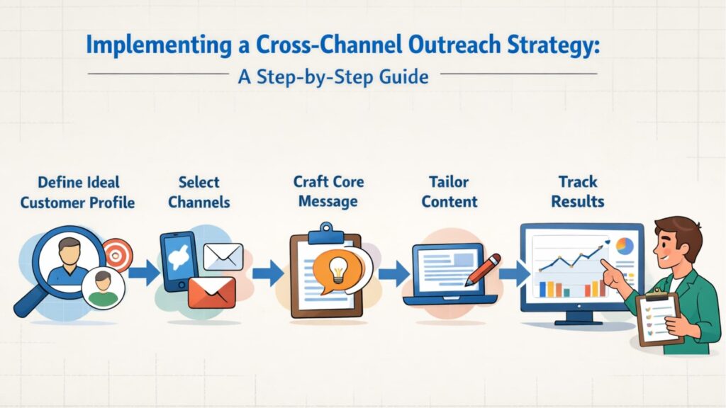 cross-channel outreach strategy 3 Step-by-step visual explaining how to build a cross-channel outreach strategy with planning, messaging, and tracking