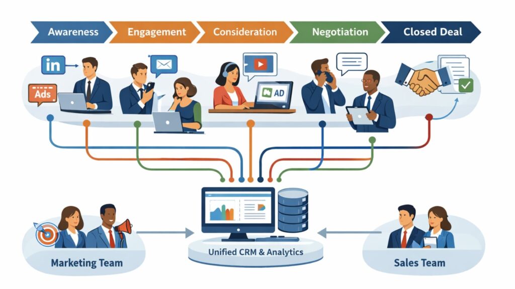 cross-channel outreach strategy 5 Illustration of a B2B sales pipeline powered by a coordinated cross-channel outreach strategy across teams