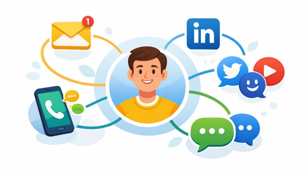 Diagram-style illustration explaining how a multichannel outreach strategy connects leads across platforms