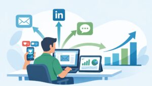 Illustration showing a multichannel outreach strategy using email, social media, and calls to drive business growth