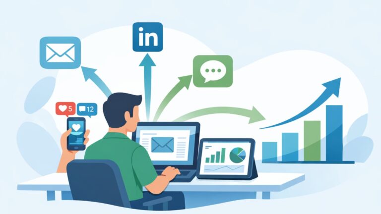 Illustration showing a multichannel outreach strategy using email, social media, and calls to drive business growth