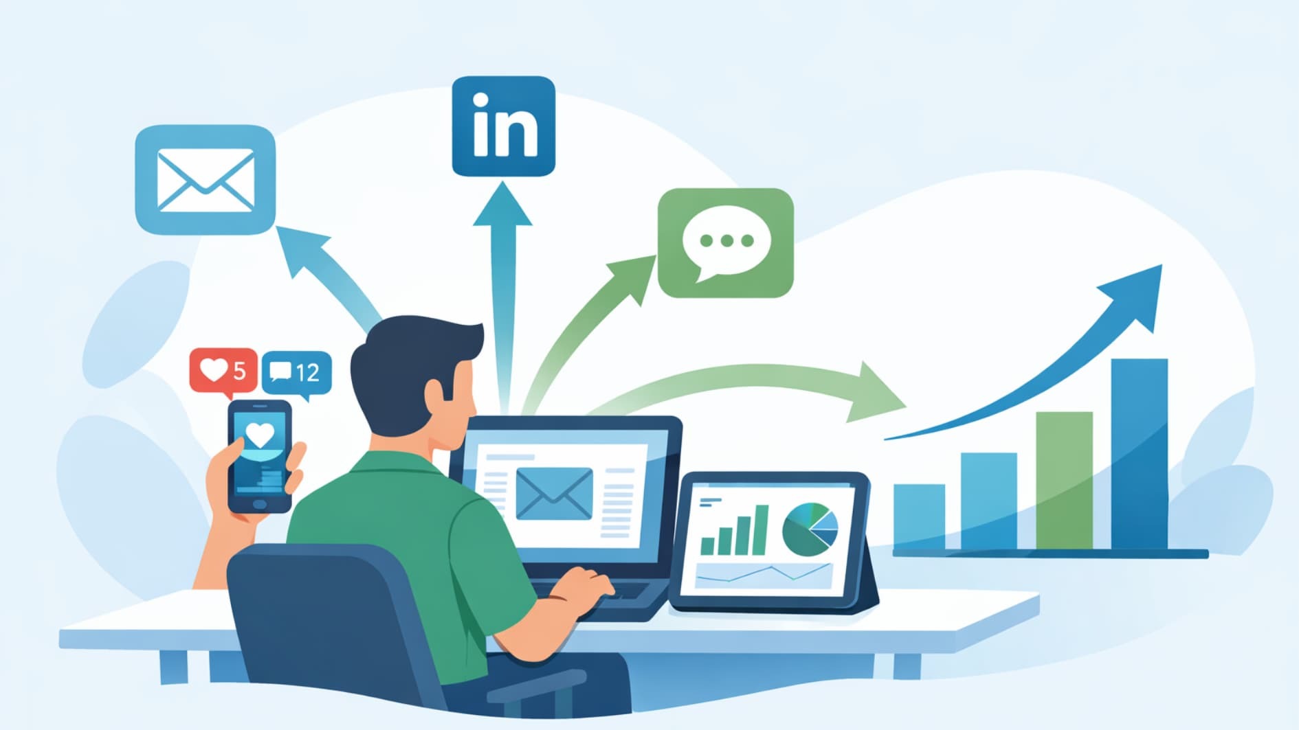 Illustration showing a multichannel outreach strategy using email, social media, and calls to drive business growth
