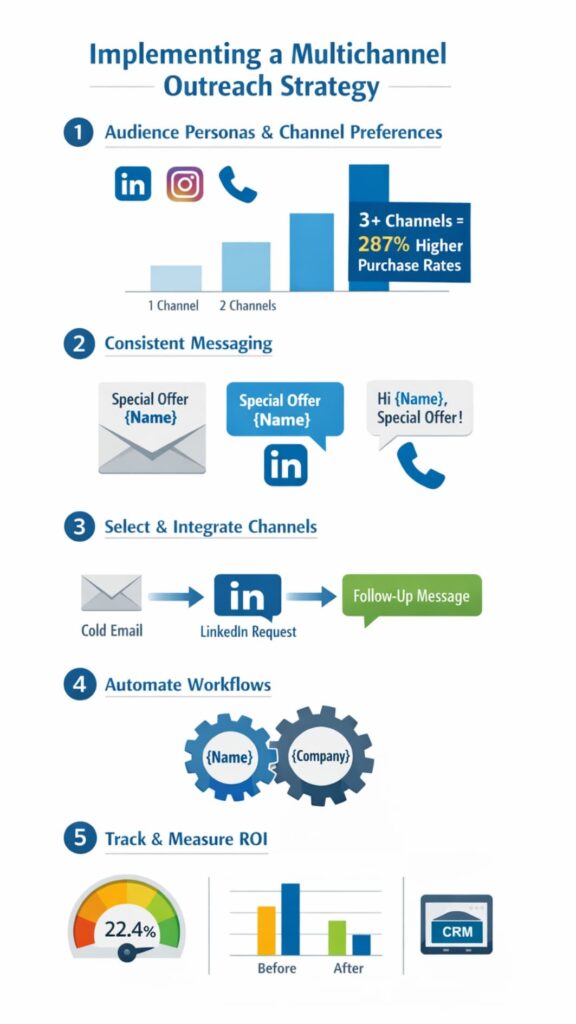 Infographic showing steps, icons, and charts for a multichannel outreach strategy, from personas and automation to ROI tracking.