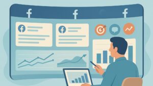 Illustration showing facebook competitor outreach tactics with a marketer reviewing competitor dashboards.