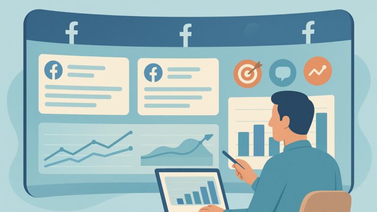 Illustration showing facebook competitor outreach tactics with a marketer reviewing competitor dashboards.