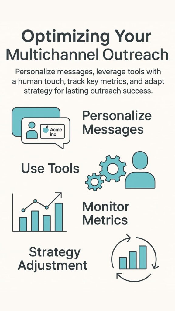 Infographic with icons and charts showing personalization, tools, metrics, and strategy loops explaining why multichannel outreach matters.