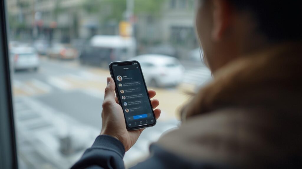 Person holding smartphone checking geo-specific ai brand monitoring data by window with city view background