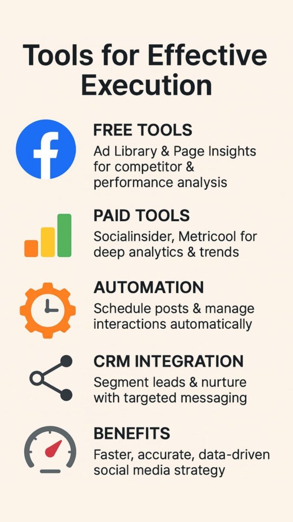 Infographic of tools supporting facebook competitor outreach tactics, using clean icons and charts without text overlay.