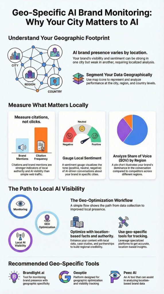 Infographic explaining geo-specific ai brand monitoring with geographic footprint analysis and local visibility metrics