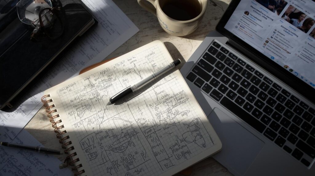 Workspace with handwritten notes and laptop planning geo-specific ai brand monitoring strategy with coffee