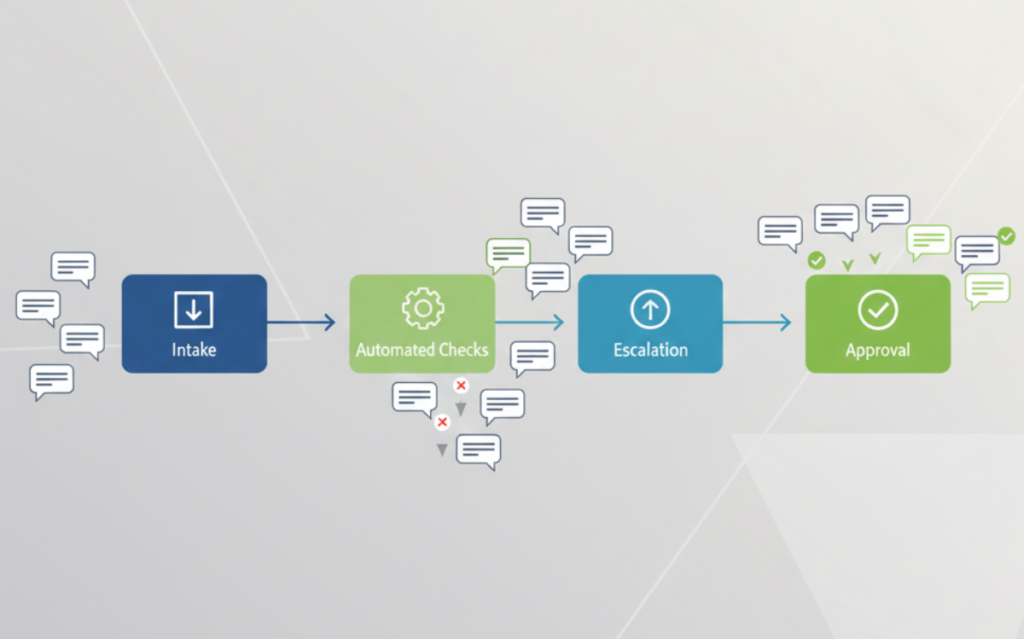 Graphic representation of the systematic approach to reviewing and verifying online submissions and interactions.