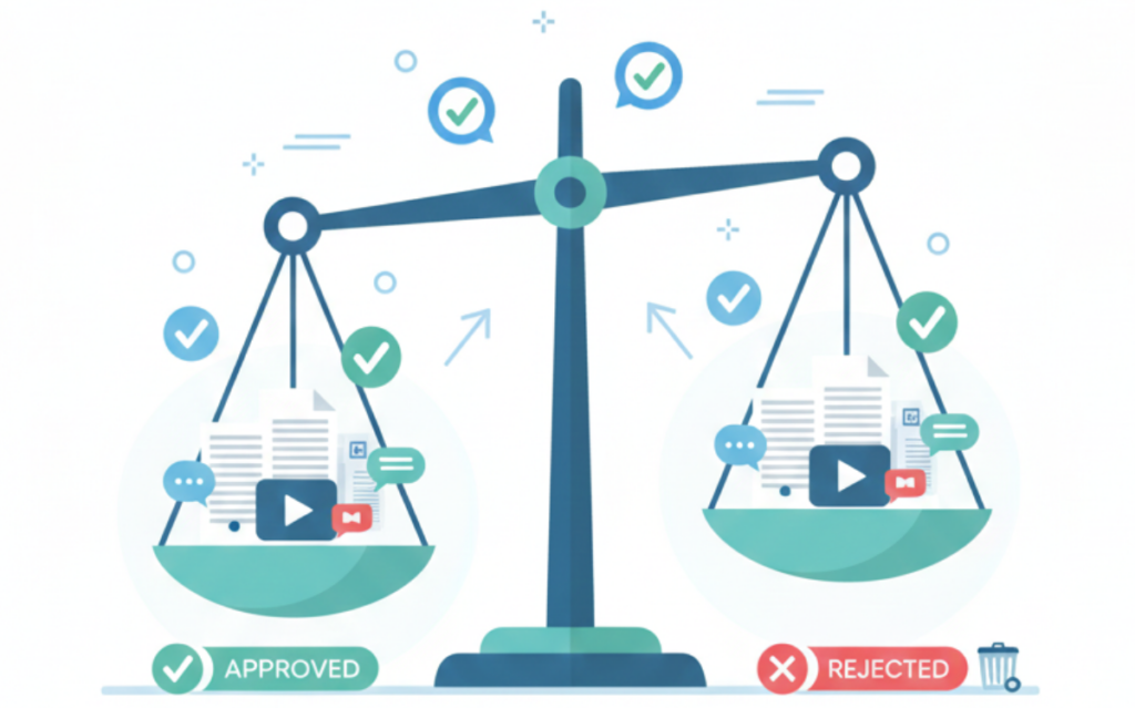 Visual representation of a content moderation framework, highlighting the decision-making process between approved and rejected submissions.