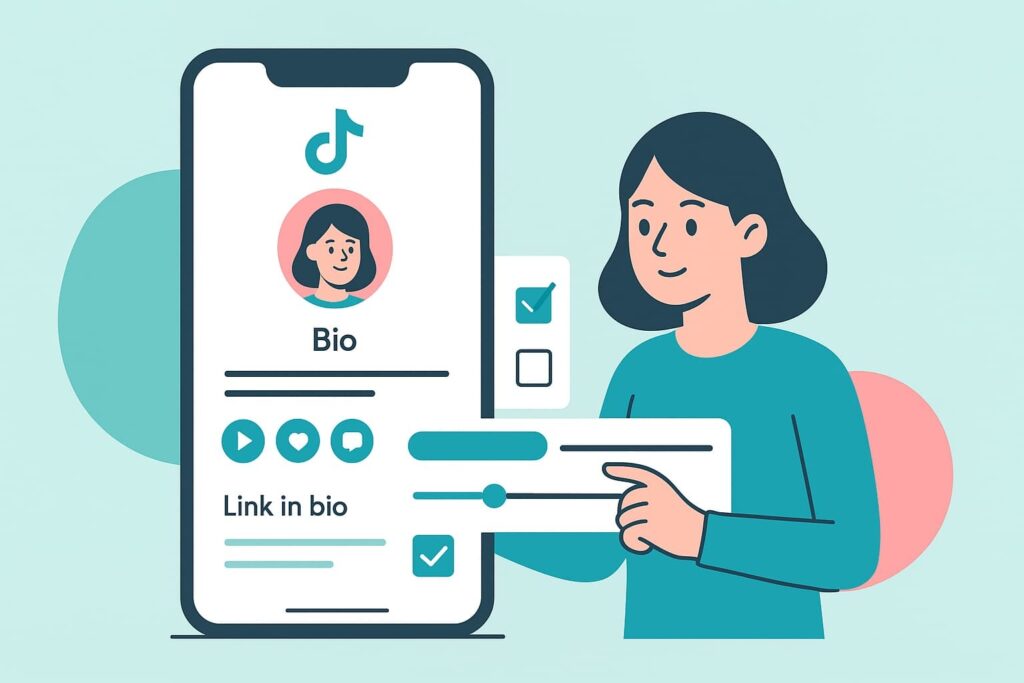 Animated woman interacting with a TikTok profile page on a smartphone, optimizing her content to improve engagement rate.