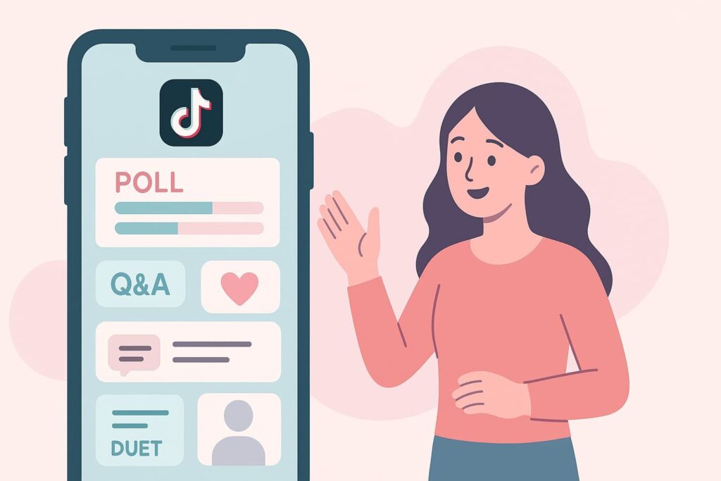 Animated woman interacting with TikTok features like polls and Q&A to engage her audience and improve her content's performance.