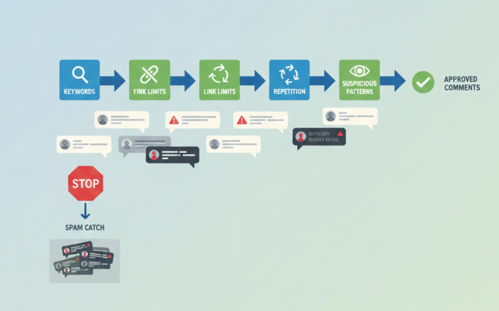 Spam detection process: Visualization of a multi-step approach to identify and filter out unwanted or promotional user comments.