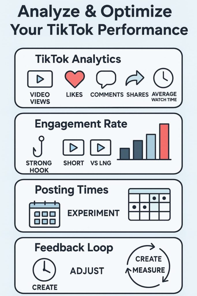 Informative graphic highlighting various analytics, engagement metrics, and optimization strategies to improve TikTok performance.