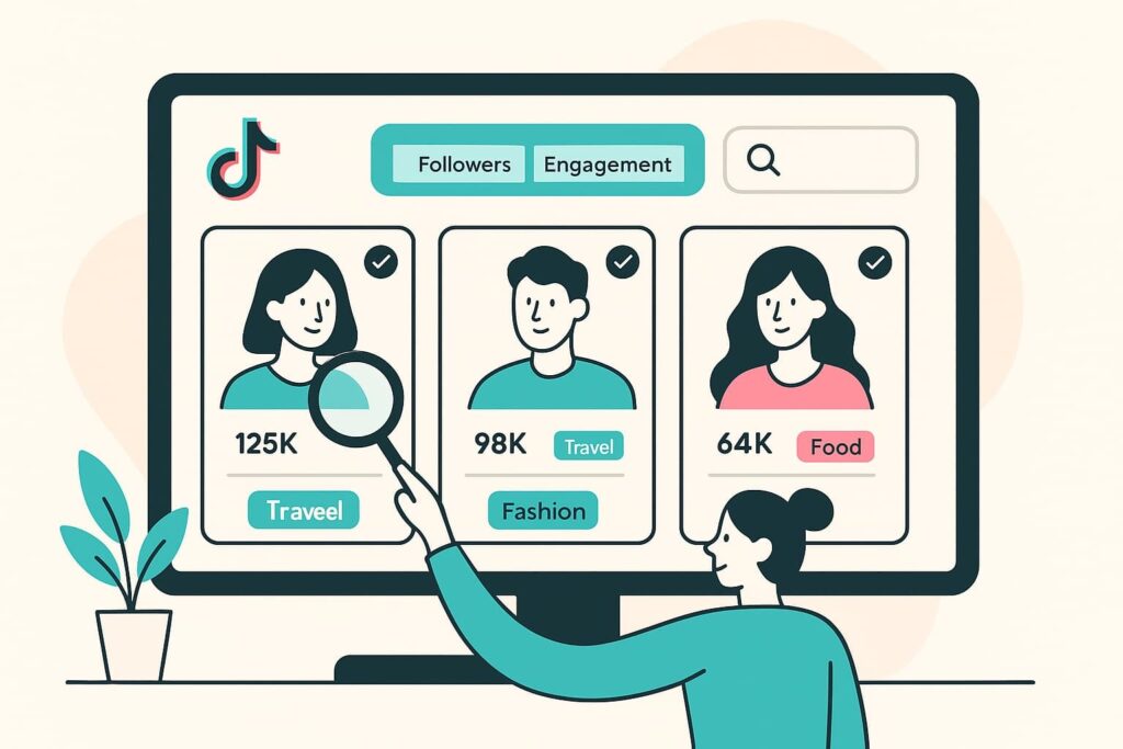 Illustration depicting TikTok influencer profiles with follower counts, engagement metrics, and niche categories, highlighting the potential for TikTok partnerships to drive business growth.