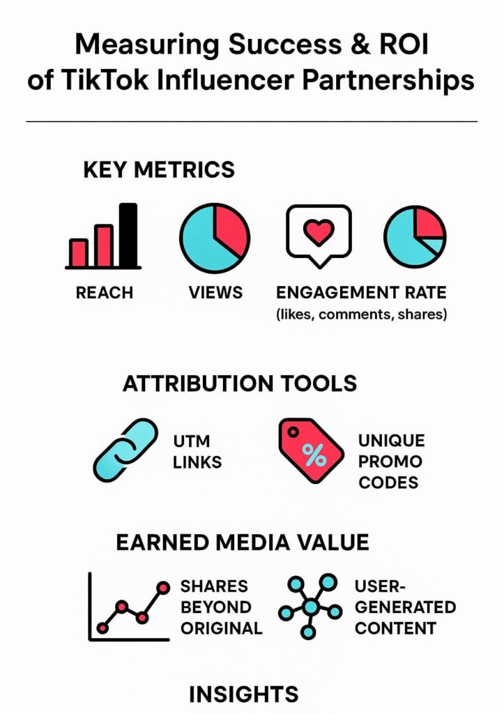 Infographic illustrating the key metrics, attribution tools, earned media value, and insights for measuring the success and ROI of TikTok influencer partnerships to drive business growth.