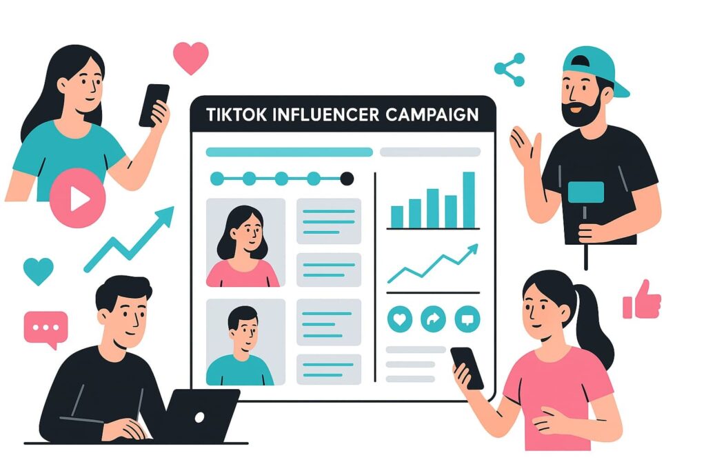 Illustration depicting the various elements of a TikTok influencer campaign, including influencer profiles, performance metrics, and collaborative activities, highlighting the potential for leveraging influencer partnerships to drive business growth.
