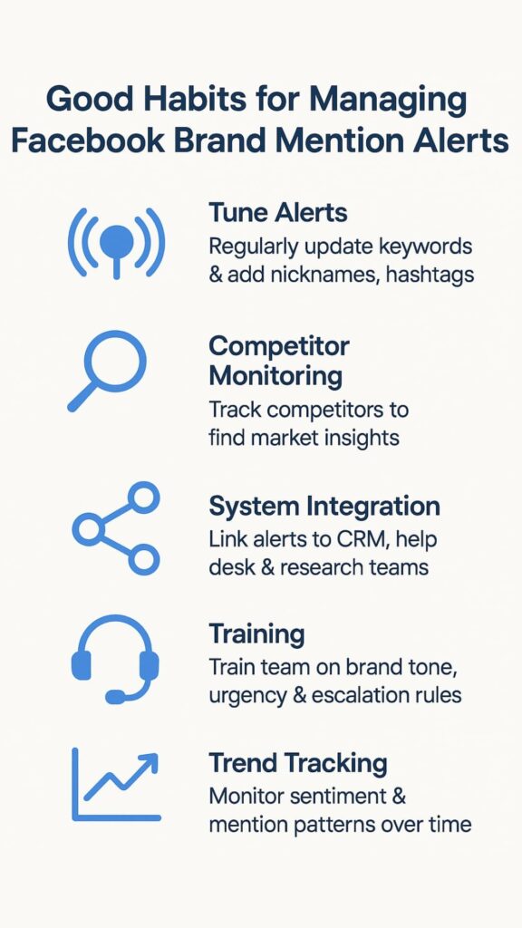 Infographic with icons illustrating good habits for managing Facebook brand mention alerts, shown in a clean modern style.