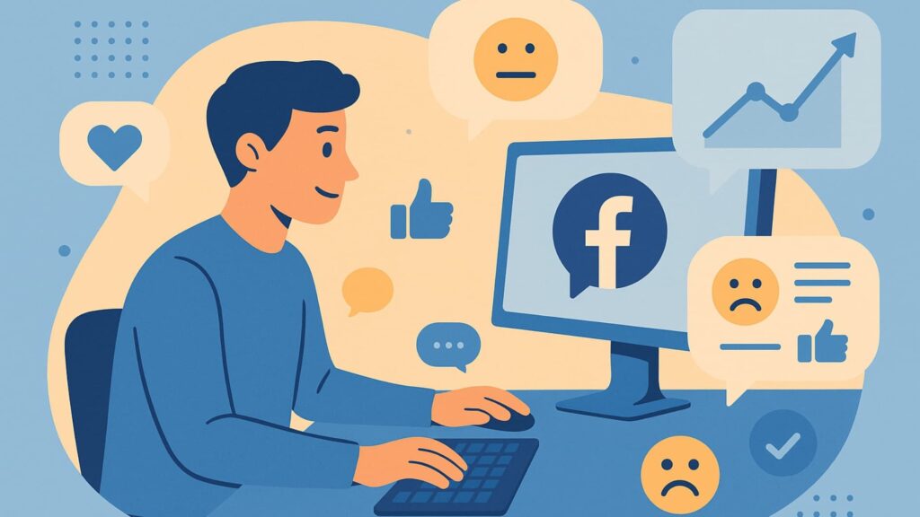 A marketer interacting with facebook brand mention alerts showing feedback, engagement, and sentiment icons.