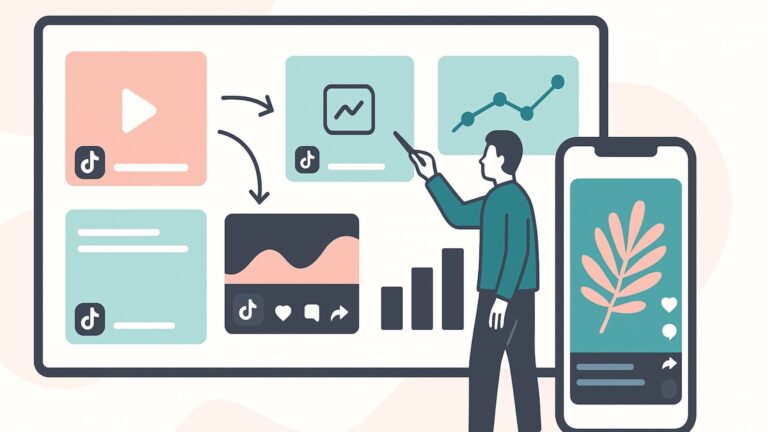 Illustration of a marketer planning multiple TikTok Campaigns on a digital dashboard.