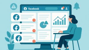 A marketer reviewing facebook brand mention alerts on a clean dashboard with notifications and analytics.