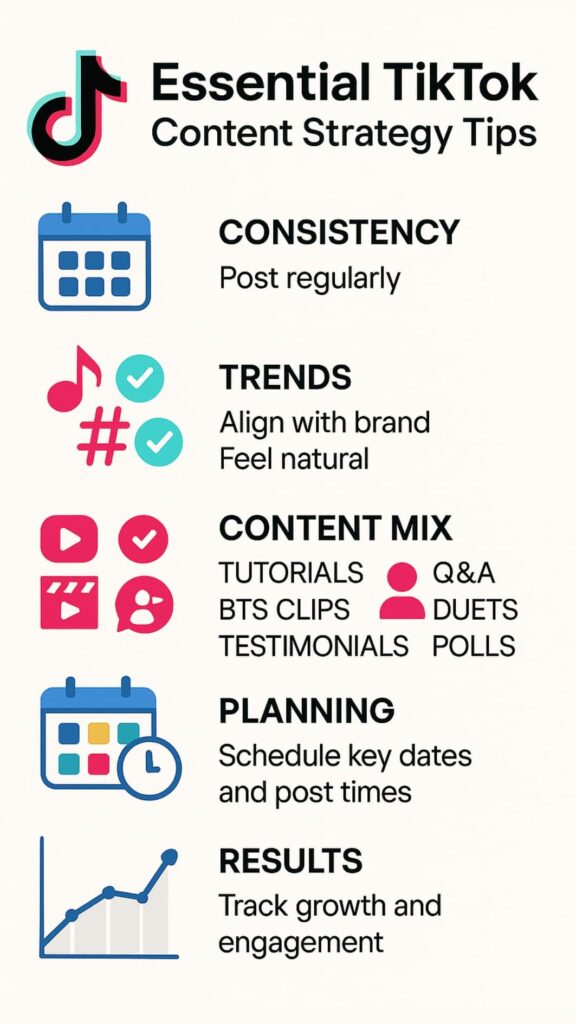 TikTok Campaigns 5 Infographic illustrating TikTok Campaigns strategy with icons for posting, trends, content mix, planning, and analytics.