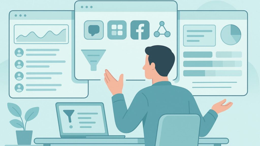 A marketer comparing dashboards and tools used to track facebook brand mention alerts in a clean vector layout.