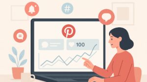 Illustration of a marketer using tools to monitor Pinterest brand mentions on a clean dashboard.
