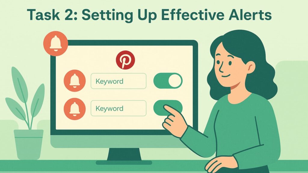 monitor pinterest brand mentions 3 Illustration of a marketer configuring tools to monitor Pinterest brand mentions through alerts.