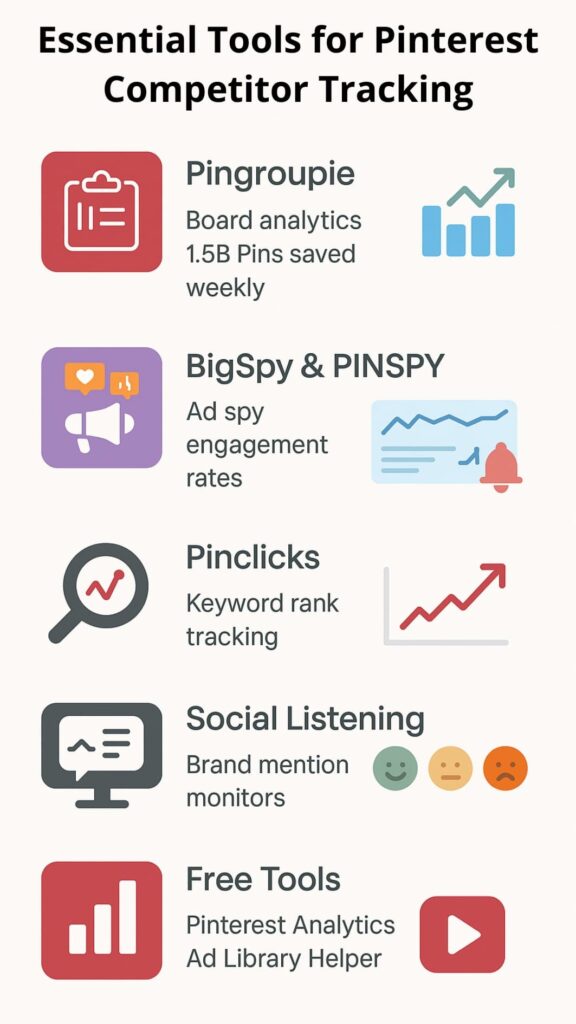 pinterest competitor tracking 5 Infographic showing pinterest competitor tracking: Essential Tools for Pinterest Competitor Tracking with icons, charts, and analytics visuals.